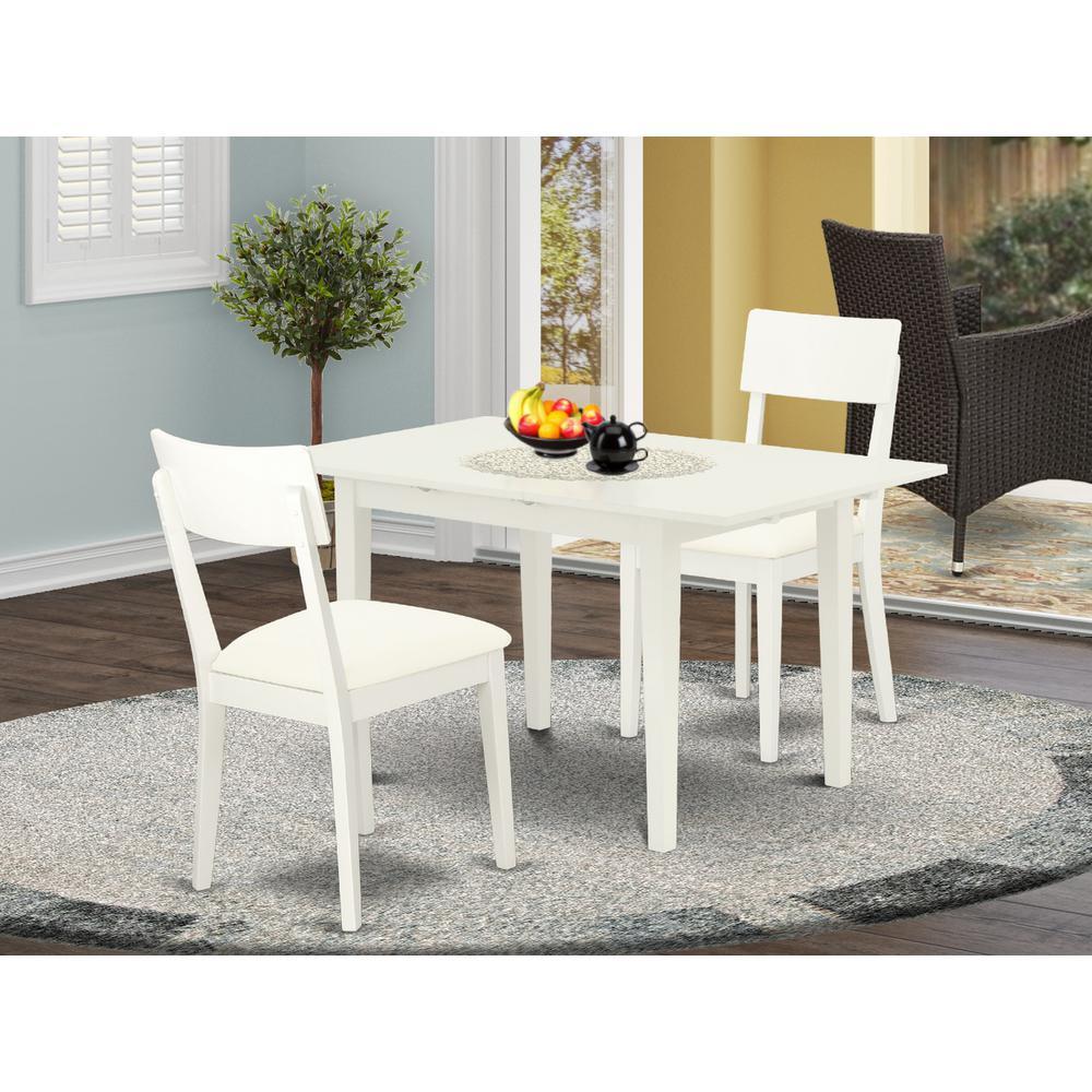 East West Furniture Noad3-Lwh-Lc 3-Pc Modern Dining Table Set 2 Modern Dining Chairs With Ladder Back And A Faux Leather Seat And Butterfly Leaf Dining Table With Rectangular Top And 4 Legs- Linen Whi