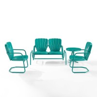 Ridgeland 4Pc Outdoor Metal Conversation Set Turquoise Gloss - Loveseat Glider, Side Table, & 2 Armchairs