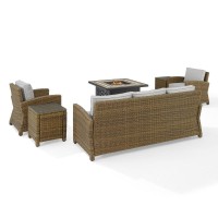 Bradenton 5Pc Outdoor Wicker Sofa Set W/Fire Table Gray/Weathered Brown - Sofa, Side Table, Tucson Fire Table, & 2 Armchairs