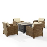 Bradenton 5Pc Outdoor Wicker Conversation Set W/Fire Table Sand/Weathered Brown - Tucson Fire Table & 4 Armchairs