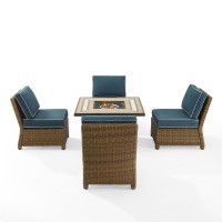 Bradenton 5Pc Outdoor Wicker Conversation Set W/Fire Table Navy/Weathered Brown - Tucson Fire Table & 4 Armless Chairs
