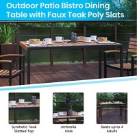 7 Piece Outdoor Patio Dining Table Set With 4 Synthetic Teak Stackable Chairs, 30 X 48 Table, Gray Umbrella & Base