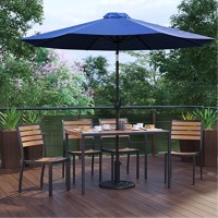 7 Piece All-Weather Deck Or Patio Set With 4 Stacking Faux Teak Chairs, 30 X 48 Faux Teak Table, Navy Umbrella & Base