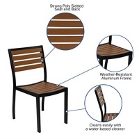 7 Piece All-Weather Deck Or Patio Set With 4 Stacking Faux Teak Chairs, 30 X 48 Faux Teak Table, Tan Umbrella & Base