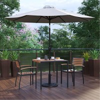 5 Piece Outdoor Patio Table Set With 2 Synthetic Teak Stackable Chairs, 35 Square Table, Gray Umbrella & Base