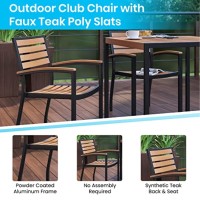 5 Piece Outdoor Patio Table Set With 2 Synthetic Teak Stackable Chairs, 35 Square Table, Red Umbrella & Base