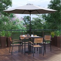 7 Piece Outdoor Patio Table Set With 4 Synthetic Teak Stackable Chairs, 35 Square Table, Gray Umbrella & Base