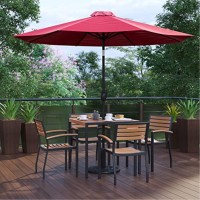 7 Piece Outdoor Patio Table Set With 4 Synthetic Teak Stackable Chairs, 35 Square Table, Red Umbrella & Base