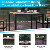 3 Piece Patio Table Set - Synthetic Teak Poly Slats - 35 Square Steel Framed Table With 2 Stackable Faux Teak Chairs