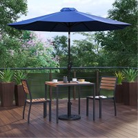 5 Piece All-Weather Deck Or Patio Set With 2 Stacking Faux Teak Chairs, 35 Square Faux Teak Table, Navy Umbrella & Base