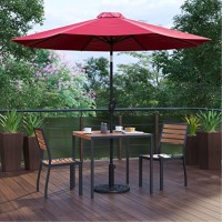 5 Piece All-Weather Deck Or Patio Set With 2 Stacking Faux Teak Chairs, 35 Square Faux Teak Table, Red Umbrella & Base
