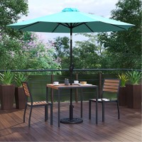 5 Piece All-Weather Deck Or Patio Set With 2 Stacking Faux Teak Chairs, 35 Square Faux Teak Table, Teal Umbrella & Base