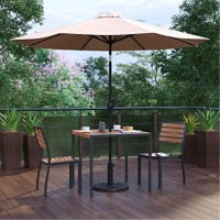 5 Piece All-Weather Deck Or Patio Set With 2 Stacking Faux Teak Chairs, 35 Square Faux Teak Table, Tan Umbrella & Base