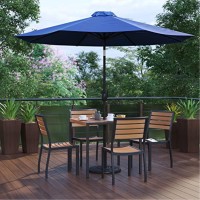 7 Piece All-Weather Deck Or Patio Set With 4 Stacking Faux Teak Chairs, 35 Square Faux Teak Table, Navy Umbrella & Base