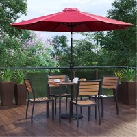 7 Piece All-Weather Deck Or Patio Set With 4 Stacking Faux Teak Chairs, 35 Square Faux Teak Table, Red Umbrella & Base