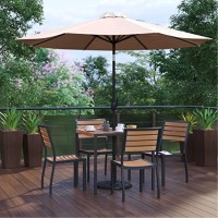 7 Piece All-Weather Deck Or Patio Set With 4 Stacking Faux Teak Chairs, 35 Square Faux Teak Table, Tan Umbrella & Base