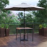 3 Piece Outdoor Patio Table Set - 35 Square Synthetic Teak Patio Table With Gray Umbrella And Base
