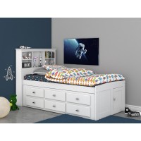 Os Home And Office Furniture Model 80220K6-22 Solid Pine Twin Captains Bookcase Bed With 6 Spacious Under Bed Drawers In Casual White