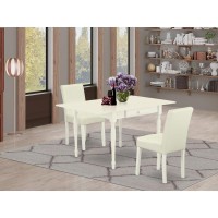 1Mzab3-Lwh-64 3Pc Dining Table Set For 2 Includes A Small Dining Table And 2 Parsons Chairs With White Color Pu Leather, Drop Leaf Table With Full Back Chairs, Linen White Finish