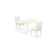 1Mzab3-Lwh-64 3Pc Dining Table Set For 2 Includes A Small Dining Table And 2 Parsons Chairs With White Color Pu Leather, Drop Leaf Table With Full Back Chairs, Linen White Finish