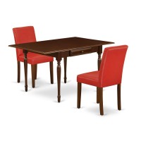 1Mzab3-Mah-72 3Pc Dinette Sets For Small Spaces Consists Of A Wood Dining Table And 2 Parsons Dining Chairs With Firebrick Red Color Pu Leather, Drop Leaf Table With Full Back Chairs, Mahogany Finish