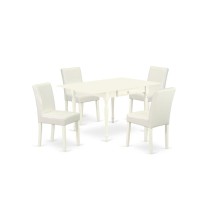 1Mzab5-Lwh-64 5Pc Wood Dining Table Set Consists Of A Dining Table And 4 Parsons Dining Chairs With White Color Pu Leather, Drop Leaf Table With Full Back Chairs, Linen White Finish