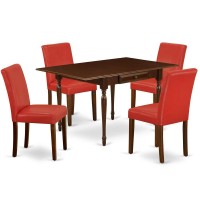 1Mzab5-Mah-72 5Pc Dining Set For 4 Includes A Dining Room Table And 4 Parsons Chairs With Firebrick Red Color Pu Leather, Drop Leaf Table With Full Back Chairs, Mahogany Finish