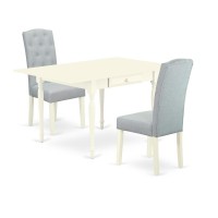 1Mzce3-Lwh-15 3Pc Dining Table Set Contains A Wood Dining Table And 2 Upholstered Dining Chairs With Baby Blue Color Linen Fabric, Drop Leaf Table With Full Back Chairs, Linen White Finish