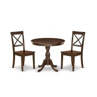 Ambo3-Mah-W 3 Pc Dining Room Set - 1 Round Pedestal Table And 2 Mahogany Dinning Chairs - Mahogany Finish
