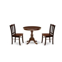 Amdl3-Mah-W - 3-Pc Dining Room Table Set- 2 Modern Dining Chairs And Wooden Dining Room Table - Wooden Seat And Slatted Chair Back - Mahogany Finish