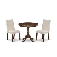 Amdr3-Mah-01 3 Piece Dining Table Set - 1 Wooden Dining Table And 2 Cream Padded Chairs - Mahogany Finish