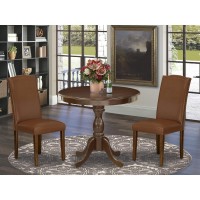 Amen3-Mah-66 3 Piece Dinette Set - 1 Wooden Dining Table And 2 Brown Upholstered Chairs - Mahogany Finish