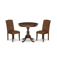 Amen3-Mah-66 3 Piece Dinette Set - 1 Wooden Dining Table And 2 Brown Upholstered Chairs - Mahogany Finish