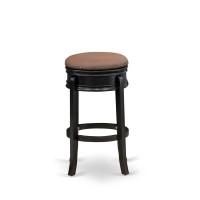 Ams030-112 Stunning Stool Counter Height- Backless Stool With Round Shape - Brown Roast Pu Leather Seat And 4 Real Wood Curved Legs - Counter Bar Stool In Black End