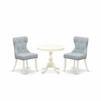 Amsi3-Lwh-15 3 Piece Dining Table Set - 1 Pedestal Table And 2 Baby Blue Parson Chairs - Linen White Finish