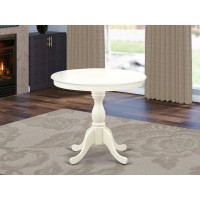 Round Modern Dining Table Linen White Color Table Top Surface And Asian Wood Round Dining Table Pedestal Legs -Linen White Finish