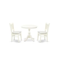 Amva3-Lwh-C - 3-Piece Dinette Set- 2 Dining Room Chair And Round Dining Table - Linen Fabric Seat And Slatted Chair Back (Linen White Finish)