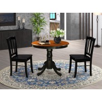 Andl3-Blk-W - 3-Piece Dining Room Set- 2 Dining Chair And Modern Round Dining Table - Wooden Seat And Slatted Chair Back (Black Finish)
