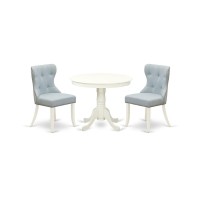 Ansi3-Lwh-15 - A Dining Set Of 2 Fantastic Indoor Dining Chairs With Linen Fabric Baby Blue Color And A Gorgeous 36-Inch Antique Modern Dining Table With Linen White Color