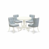 Ansi5-Lwh-15 - A Dining Room Table Set Of 4 Wonderful Indoor Dining Chairs With Linen Fabric Baby Blue Color And A Stunning 36-Inch Round Dining Table With Linen White Color