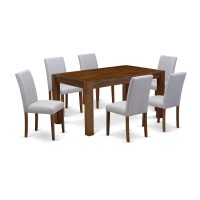 Cnab7-N8-05 - 7-Pc Modern Dining Set- 6 Parson Dining Chairs And Modern Kitchen Table - Grey Linen Fabric Seat And High Chair Back (Antique Walnut Finish)