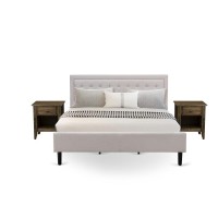 Fn08K-2Ga07 3-Piece Platform King Size Bedroom Set With 1 Mid Century Bed And 2 Modern Nightstands - Mist Beige Linen Fabric