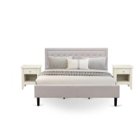 Fn08K-2Ga0C 3-Piece Platform King Size Bed Set With 1 King Size Bed Frame And 2 Mid Century Nightstands - Mist Beige Linen Fabric
