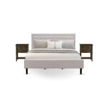 Fn08K-2Vl07 3-Piece Platform King Size Bed Set With 1 Wingback Bed And 2 Small End Tables - Mist Beige Linen Fabric