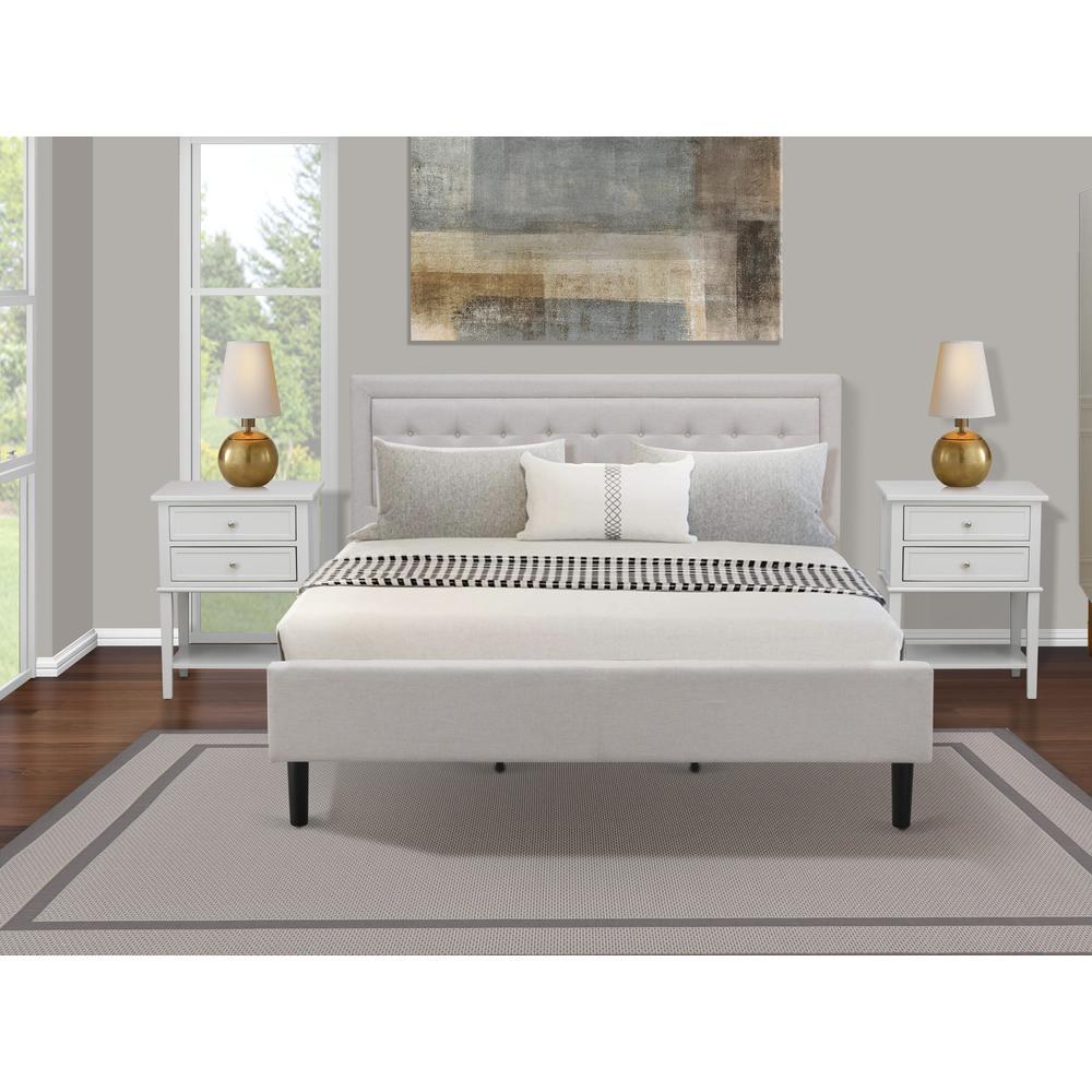 Fn08K-2Vl14 3-Piece Platform King Size Bedroom Set With 1 Mid Century Bed And 2 Night Stands - Mist Beige Linen Fabric