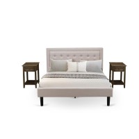 Fn08Q-2De07 3-Piece Platform Queen Bed Set Furniture With 1 Platform Bed And 2 End Tables - Mist Beige Linen Fabric