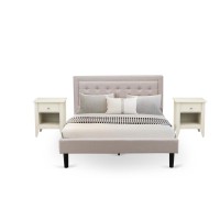 Fn08Q-2Ga0C 3-Piece Fannin Bedroom Furniture Set With 1 Queen Size Bed And 2 Mid Century Nightstands - Mist Beige Linen Fabric