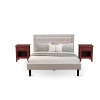 Fn08Q-2Ga13 3-Piece Fannin Bedroom Furniture Set With 1 Wingback Bed And 2 Bedroom Nightstands - Mist Beige Linen Fabric