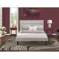 Fn08Q-2Hi13 3-Piece Fannin Wooden Set For Bedroom With 1 Mid Century Bed And 2 Small End Tables - Mist Beige Linen Fabric