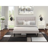 Fn08Q-2Vl0C 3-Piece Platform Bedroom Set With 1 Queen Size Bed Frame And 2 Small End Tables - Mist Beige Linen Fabric